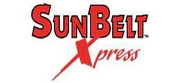 A red and white logo for sunbelt xpress.