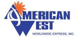 A blue and white logo for american west.